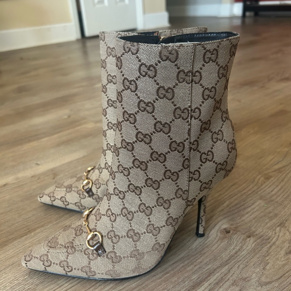 GG Canvas Pointed Ankle Boots with Gold Horsebit